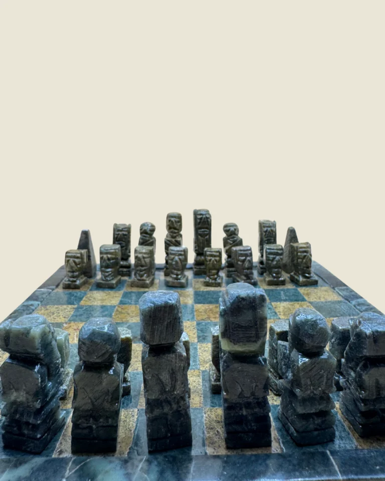 Antique Handcrafted Soapstone Chess Set with Granite Tiled Board, detail