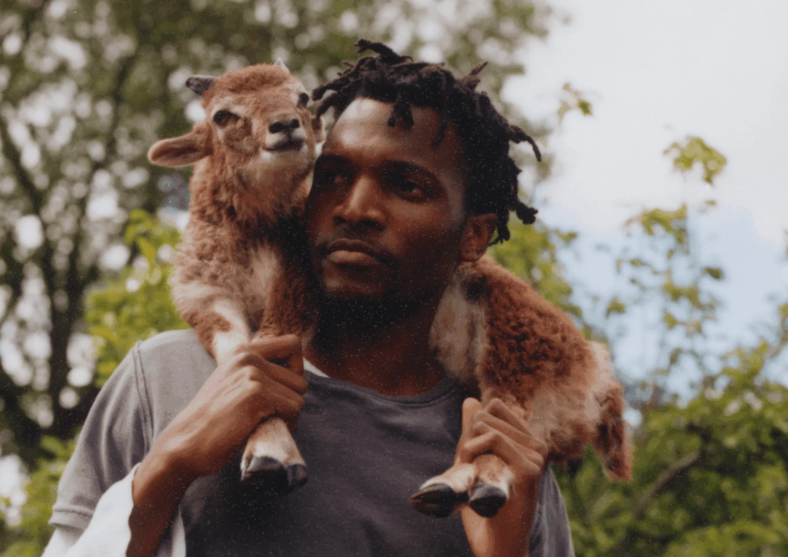 A man carrying a lamb on his shoulders