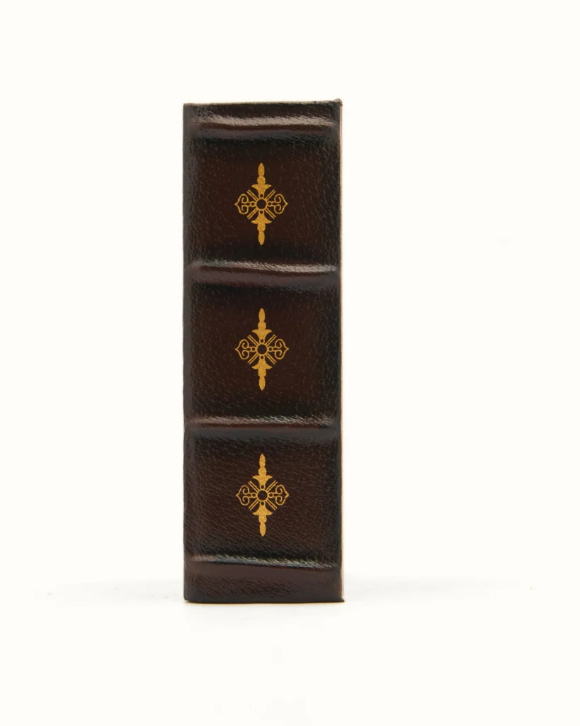 The back of the box: a classic ridged, bound book back with vintage motifs